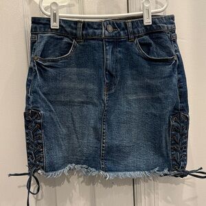 Black Label Blue Denim Mini Skirt with Lace-Up Sides. Size Small